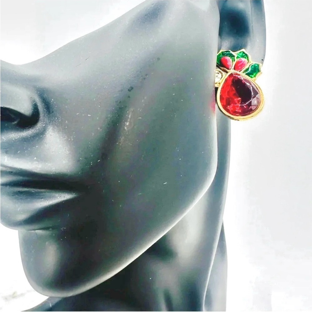 80's Vintage Avon Earrings Signed Christmas Holiday Red Jewel w/Enameled Holly - Picture 4 of 9